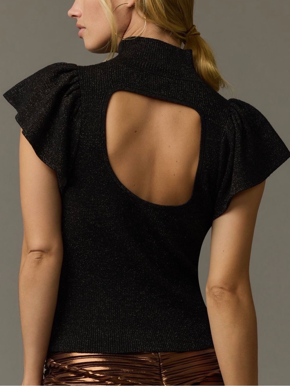 Anthropologie‎ Black Open-Back Flutters Sleeve Top